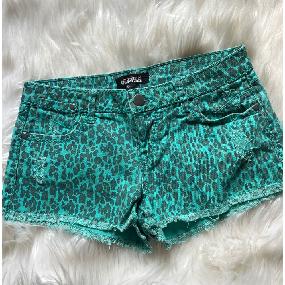 Denim Shorts Stone Wash Green Cheetah Print 27